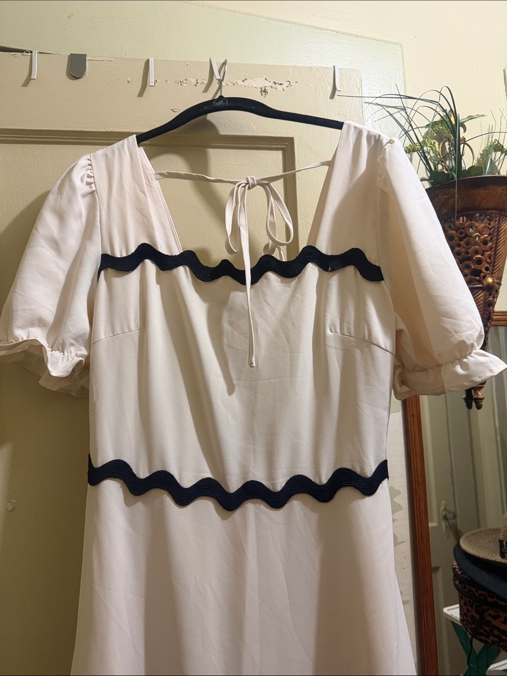 White Maxi Dress with Navy Wave Trim - Women's Summer Maxi - Picture 3 of 6